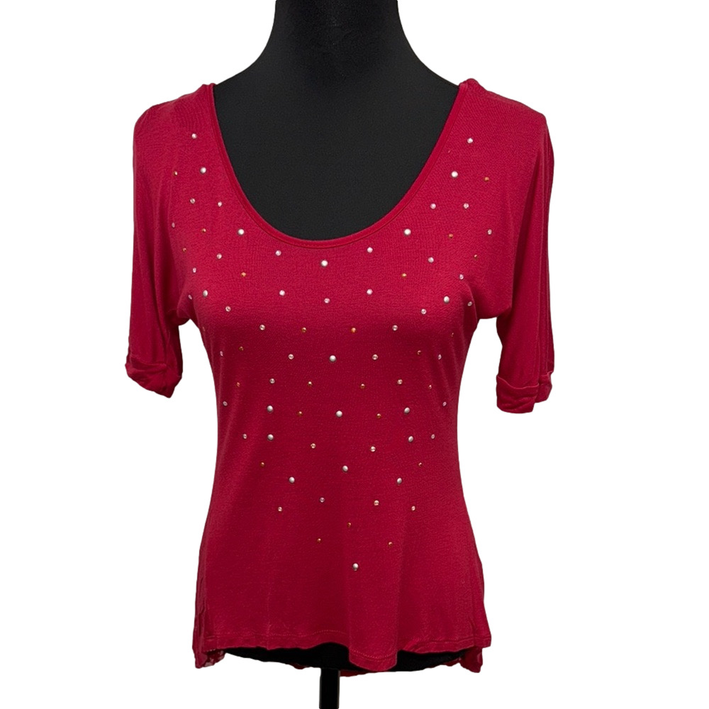 Eye Candy Red Embellished Fitted Blouse. Lace Crystals